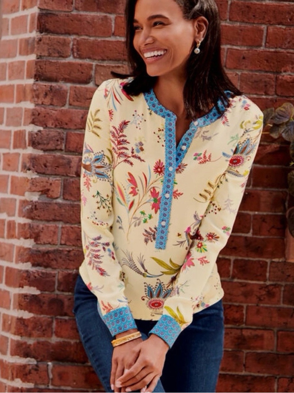 Talbots Cream Floral Button-Front Blouse with Blue Trim